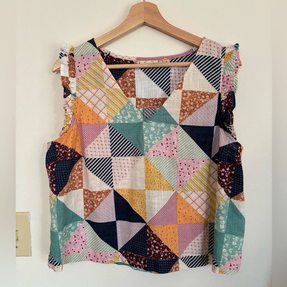 a.n.a Patchwork Geometric Print Ruffle Sleeve Blouse - Multicolor